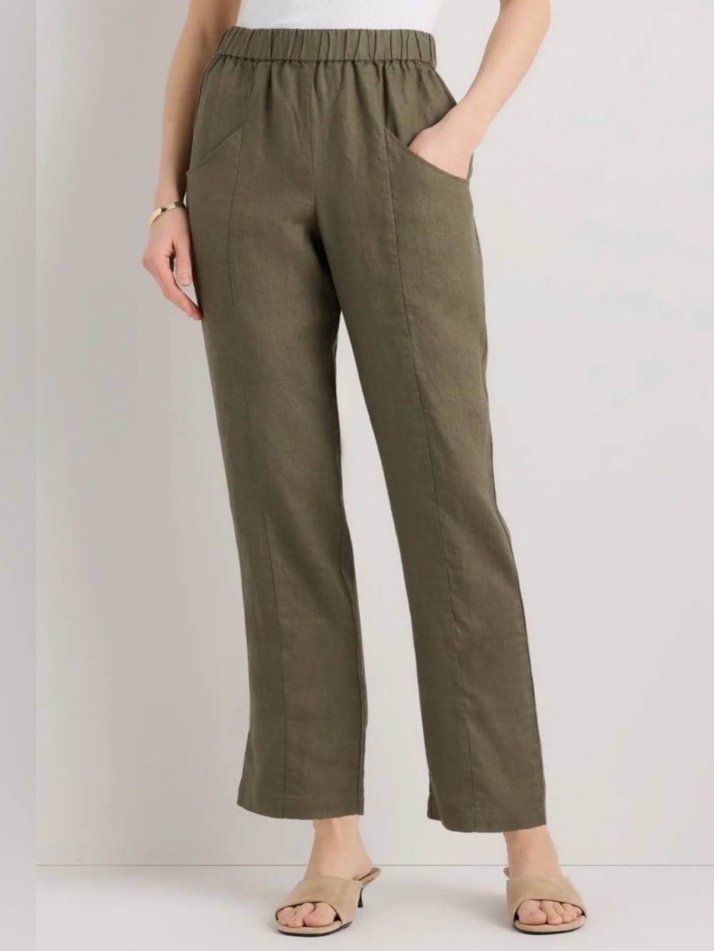 Quince 100% Linen Pull On Pants Green Tapered Ankle Size XS European Travel